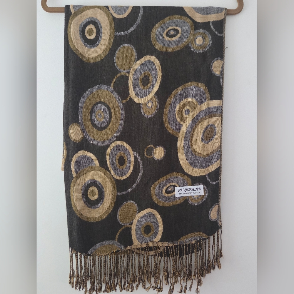 Pashmina Cashmere Silk Brown Beige Circular Patterned Fringe Hem Scarf 28" X 72"
